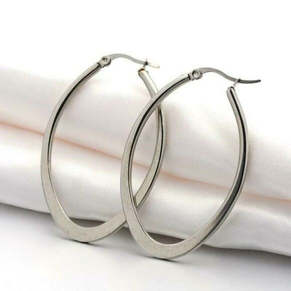 Surgical Stainless Steel Bladed Oval 34x22mm Silver Hoop Earrings - Picture 1 of 1